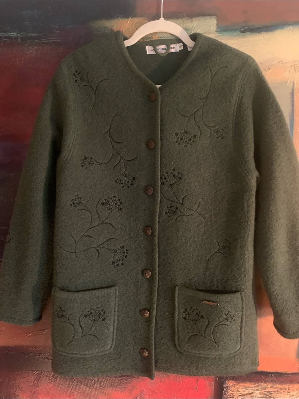 Vintage Boiled Wool Cardigan with Embroidered Dandelions, Size S